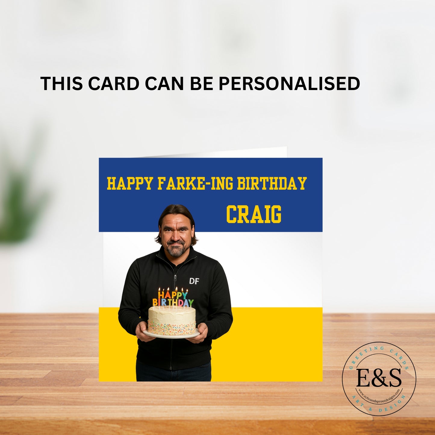 🟡🔵 Happy Farke-ing Birthday Card – Funny Leeds United Football Fan Card – Personalised Name Option – DF Holding Cake – LUFC Banter Birthday Card