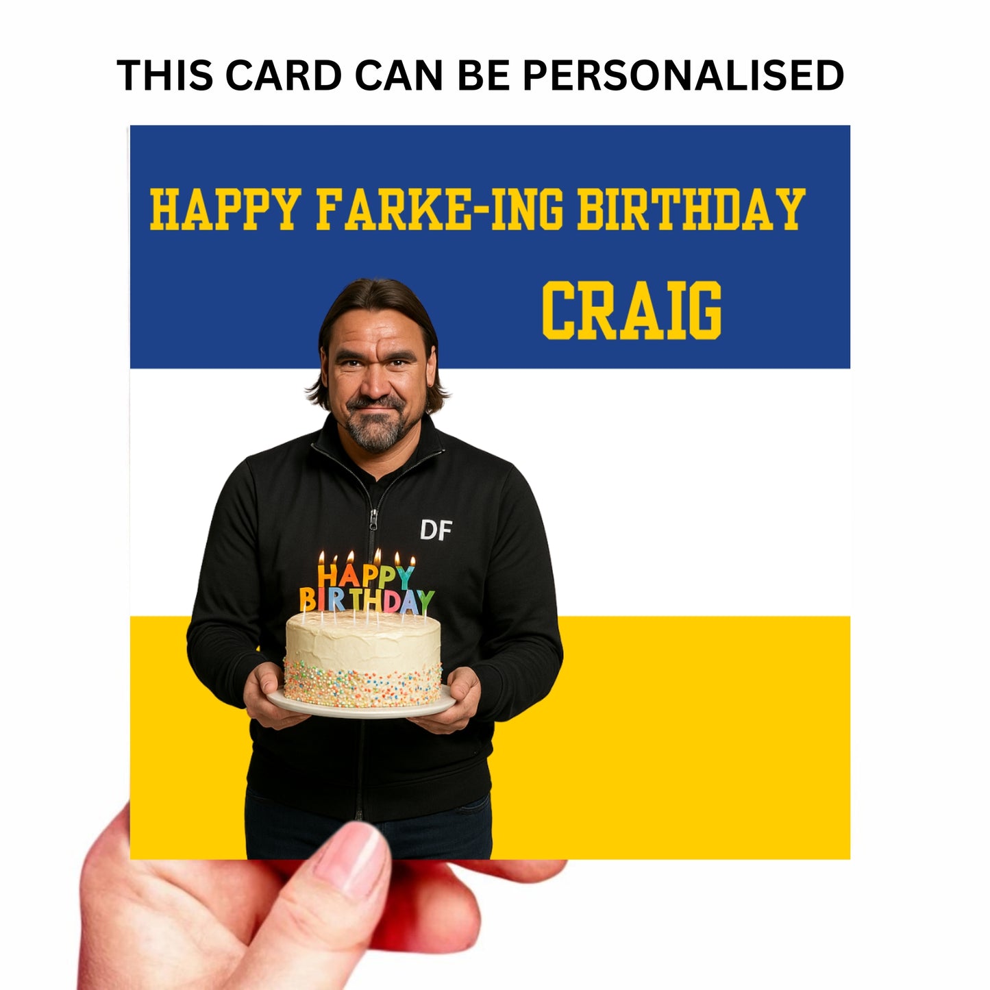 🟡🔵 Happy Farke-ing Birthday Card – Funny Leeds United Football Fan Card – Personalised Name Option – DF Holding Cake – LUFC Banter Birthday Card