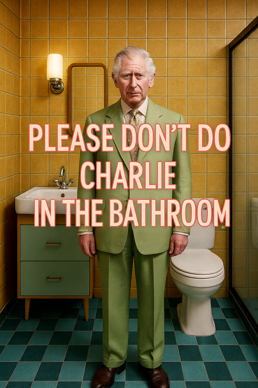 Funny Bathroom Wall Art Print only -“Please Don’t Do Charlie in the Bathroom” RETRO  Humorous A4 Décor | King Charles Meme Poster