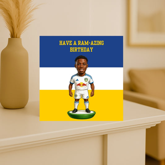 Square Leeds United birthday card featuring Largie Ramazani in a fun fan design with club colours